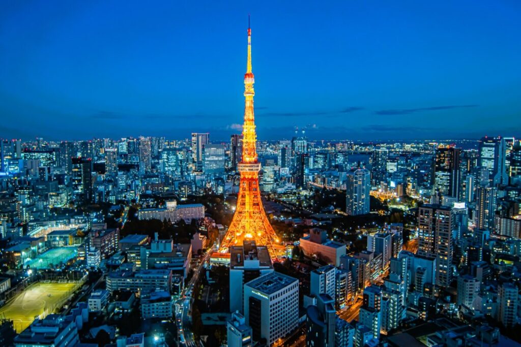 Tokyo Tower during magic hour with twilight sky and city lights