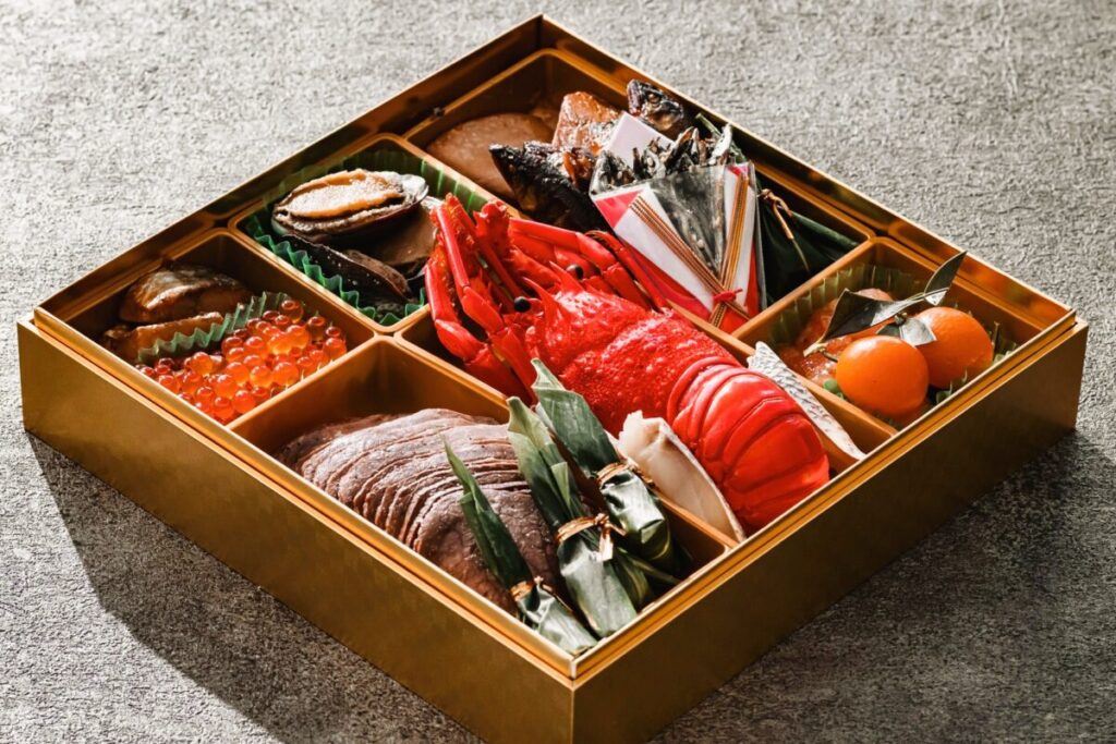 Traditional Japanese osechi ryori first tier box for New Year celebrations