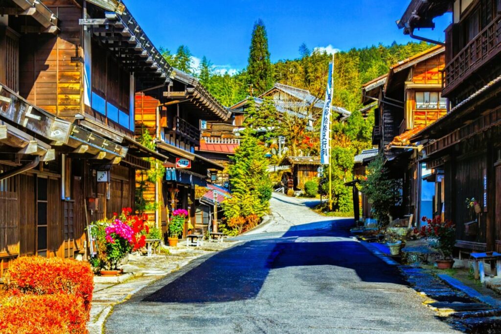 Traditional Japanese post town with old wooden inns and cobblestone streets