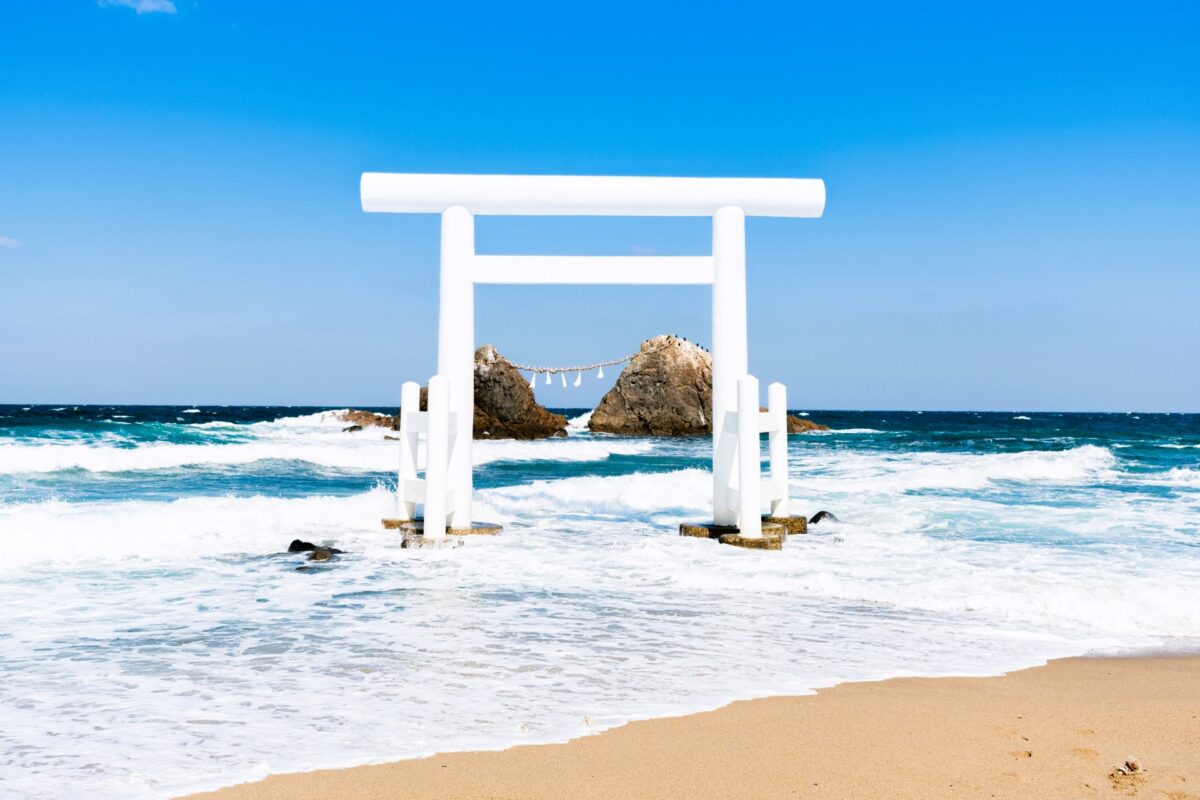Meoto Iwa Wedded Rocks and Torii Gate in Ise, Japan