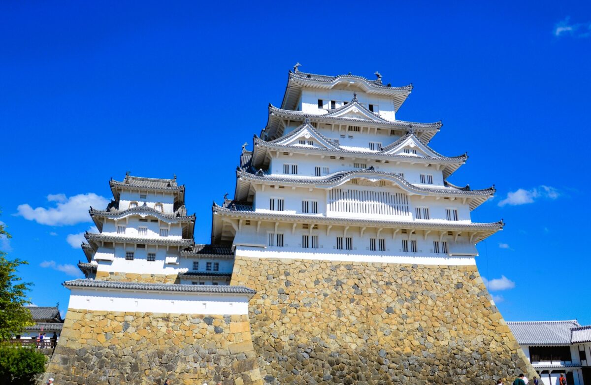 Himeji Castle main keep under clear blue sky