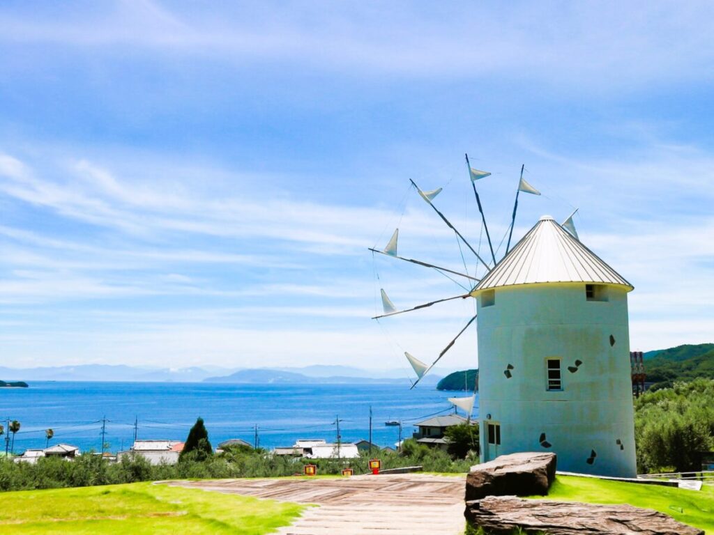 Shodoshima Olive Park windmill and olive trees
