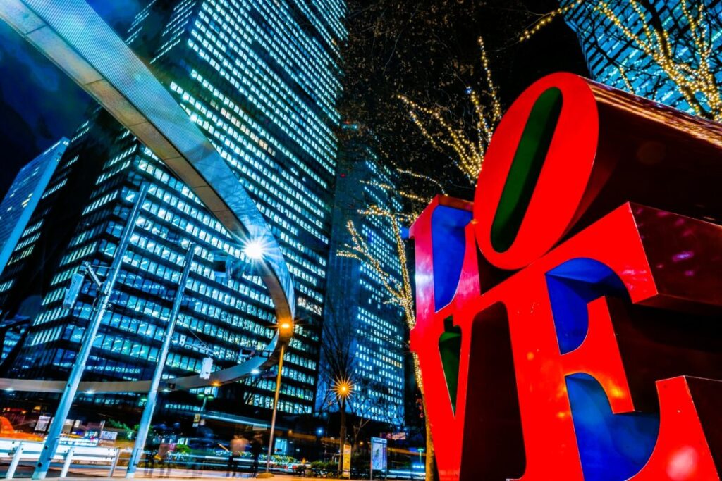 Tokyo night skyline with Metropolitan Government Building and LOVE sign