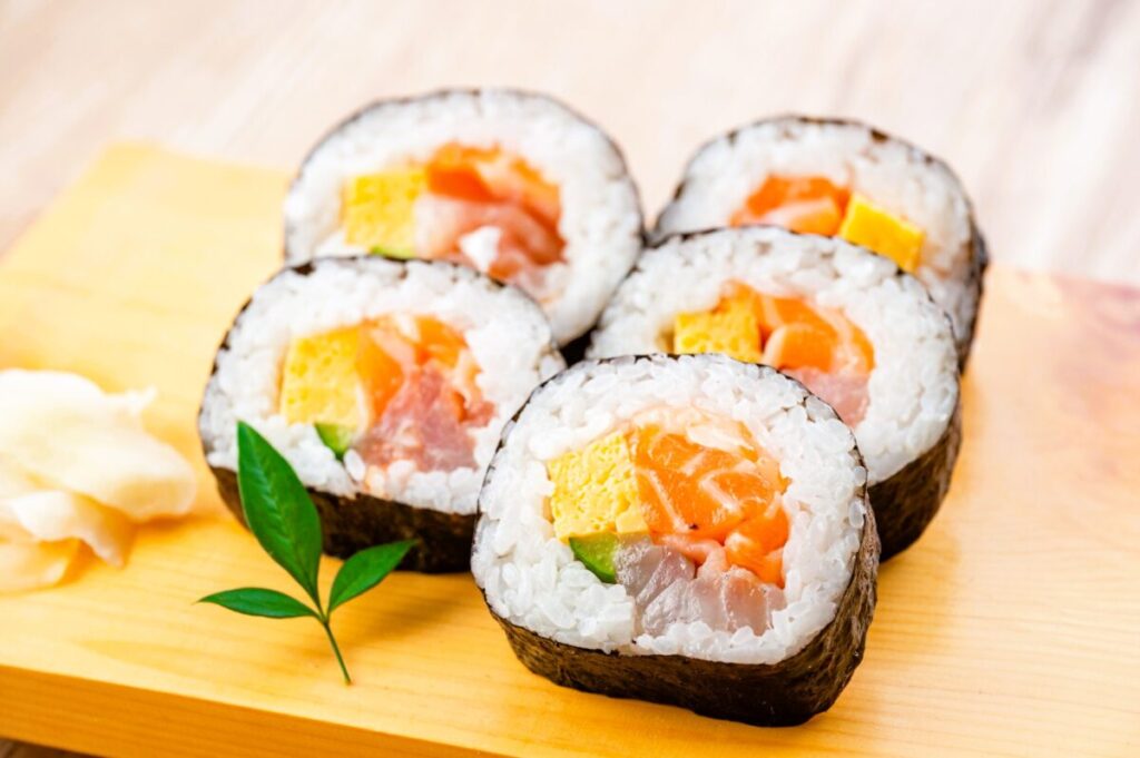 Hand-rolled temaki sushi with fresh ingredients