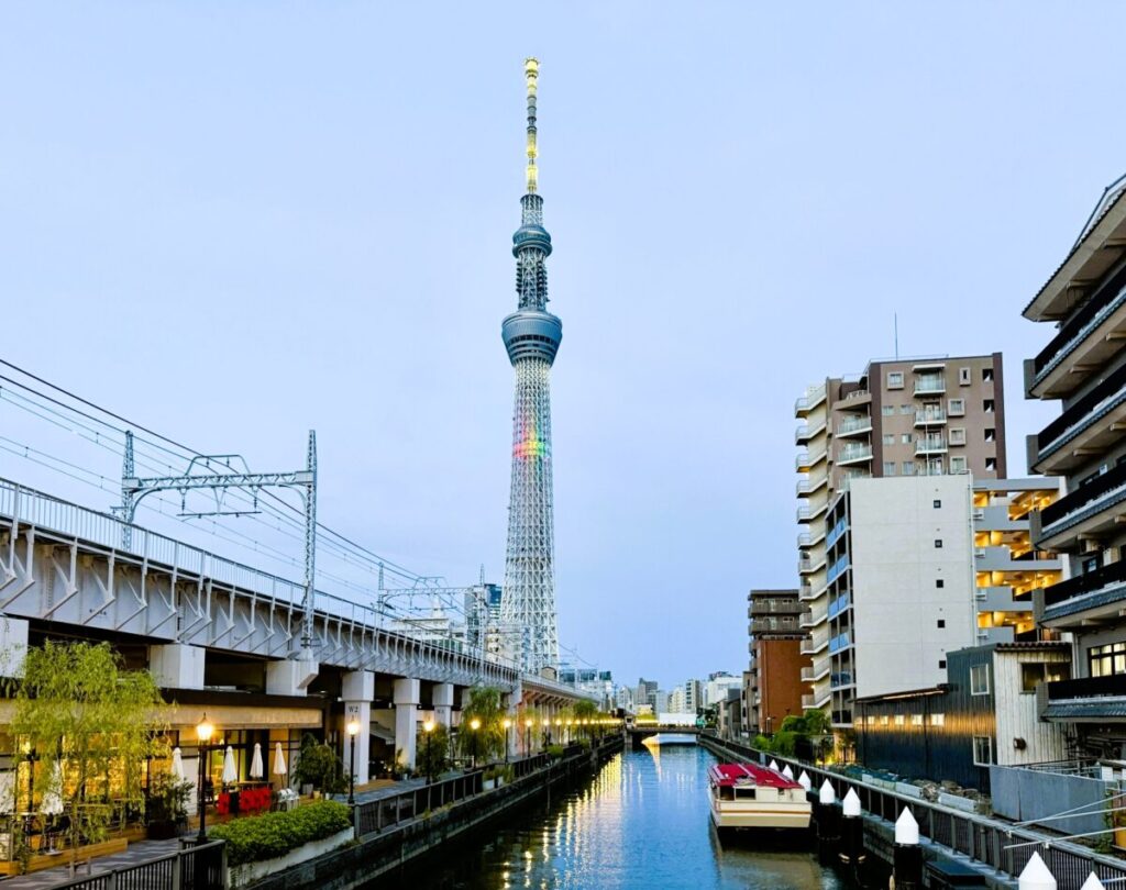 Tokyo Skytree illuminated at twilight