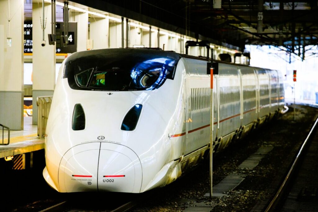 Kyushu Shinkansen 800 Series bullet train running between Hakata and Kagoshima
