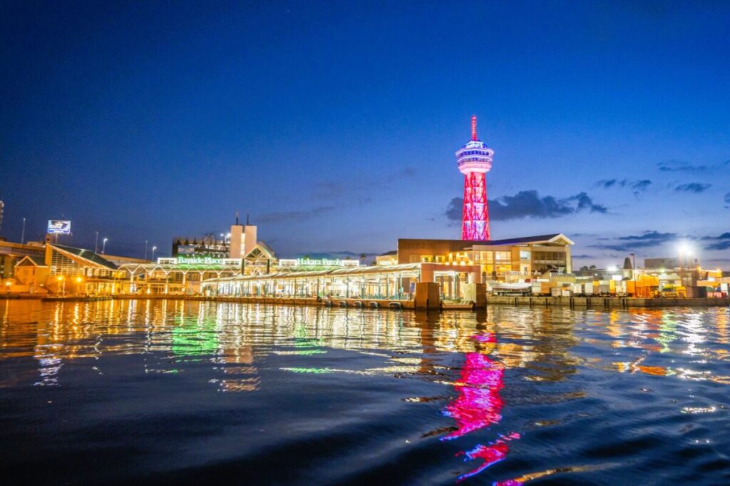 Night view of Hakata Port Tower and Bayside Place in Fukuoka waterfront