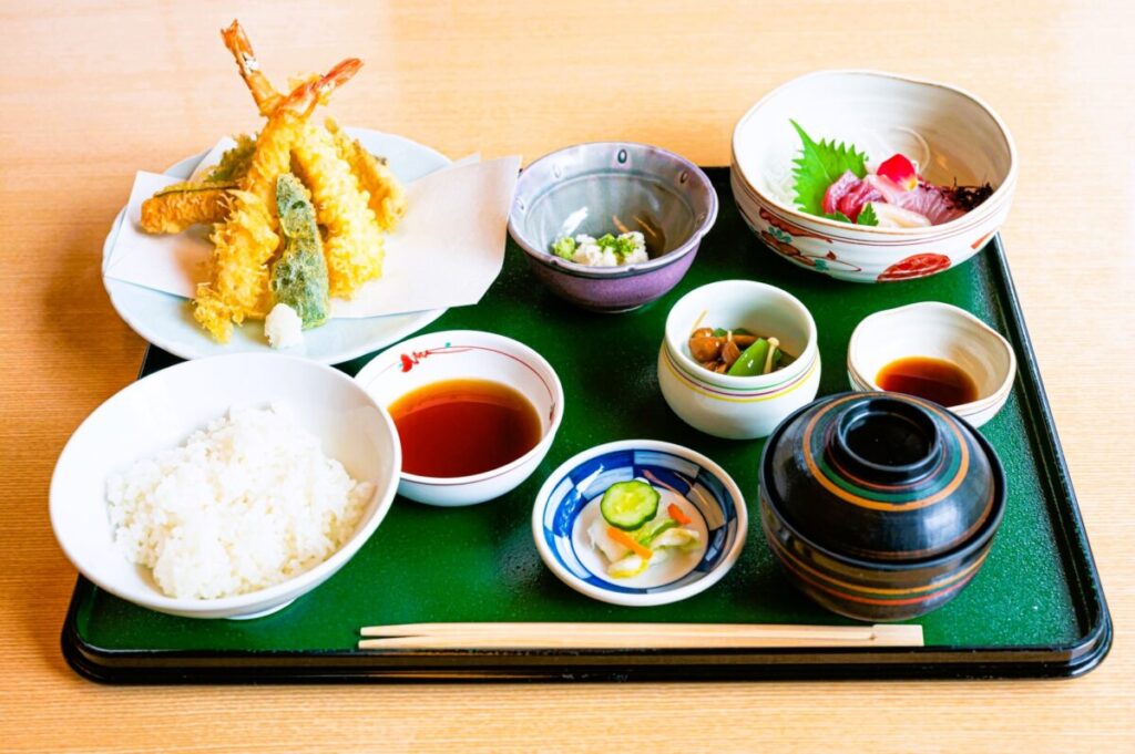 Japanese tempura set meal with rice and miso soup