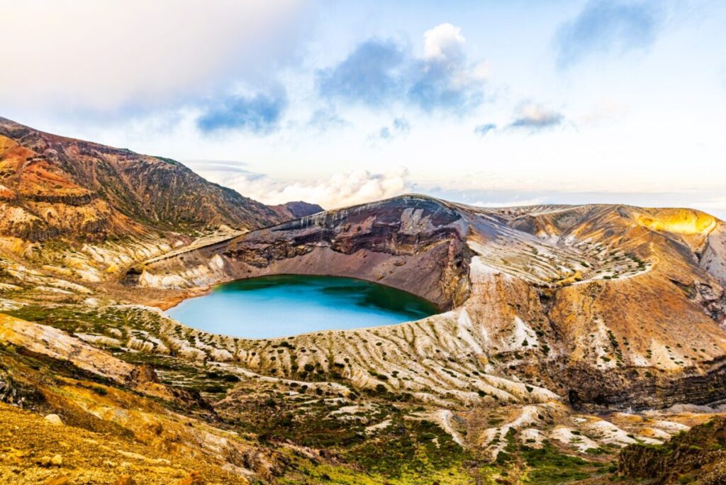 Okama Crater Lake at Mount Zao with vivid emerald water