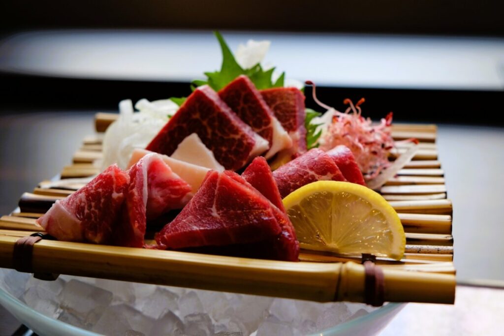 Traditional Japanese basashi horse sashimi served fresh