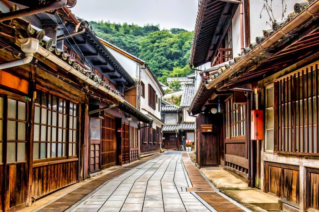 Traditional preserved streets of Takehara with historic wooden buildings