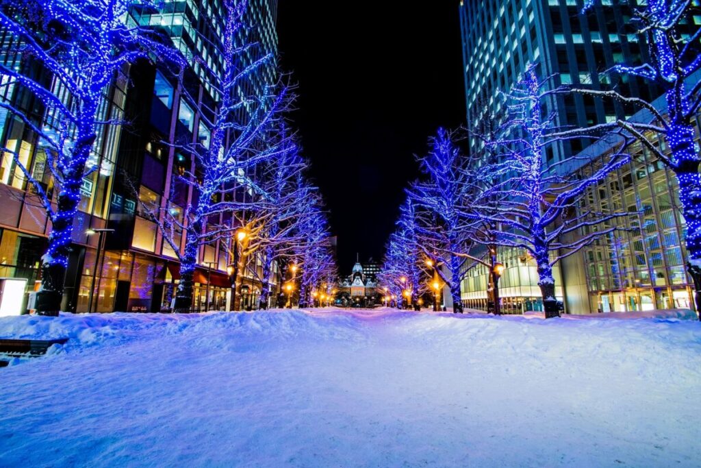 Christmas illuminations with snowfall in front of Akarenga Terrace in Sapporo