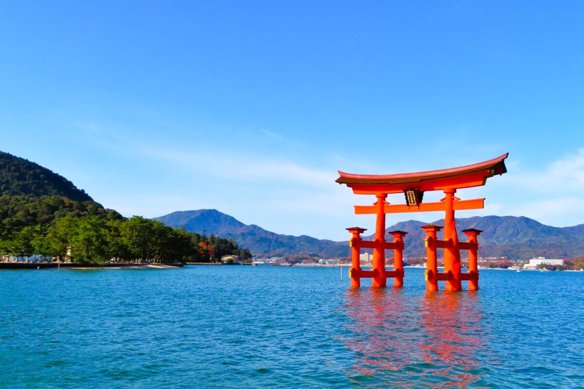 Great Torii Gate of Itsukushima Shrine standing in the sea at Miyajima, Japan