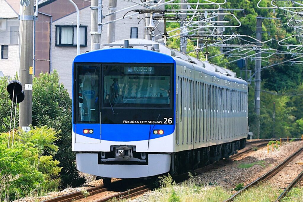 Fukuoka City Subway Chikuhi Line train arriving at the station in Japan
