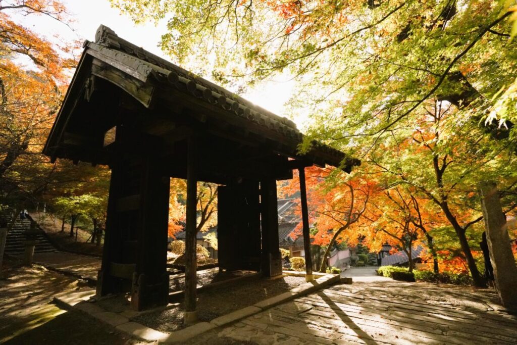 Akizuki Castle Main Gate surrounded by historic stone walls and seasonal scenery
