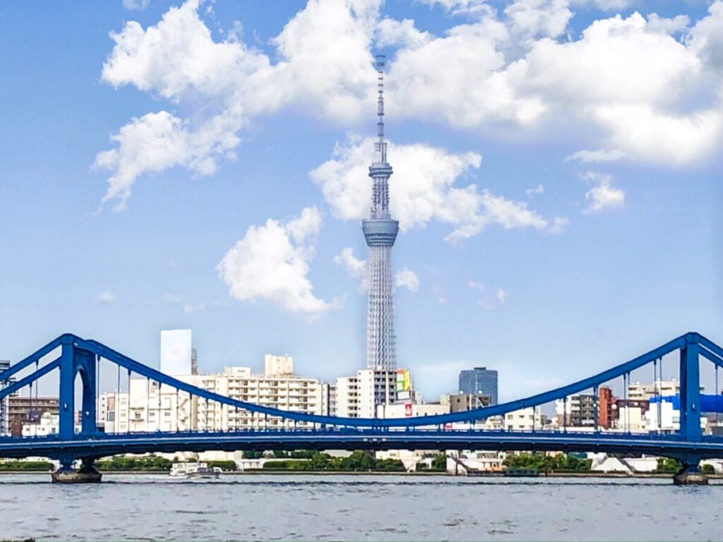 Kiyosu Bridge with Tokyo Skytree rising in the background over the Sumida River