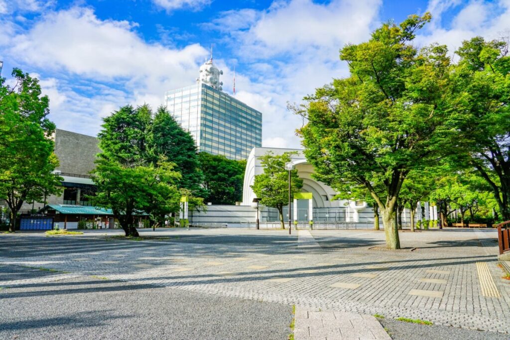 Yoyogi Park in Tokyo with wide green spaces and city backdrop