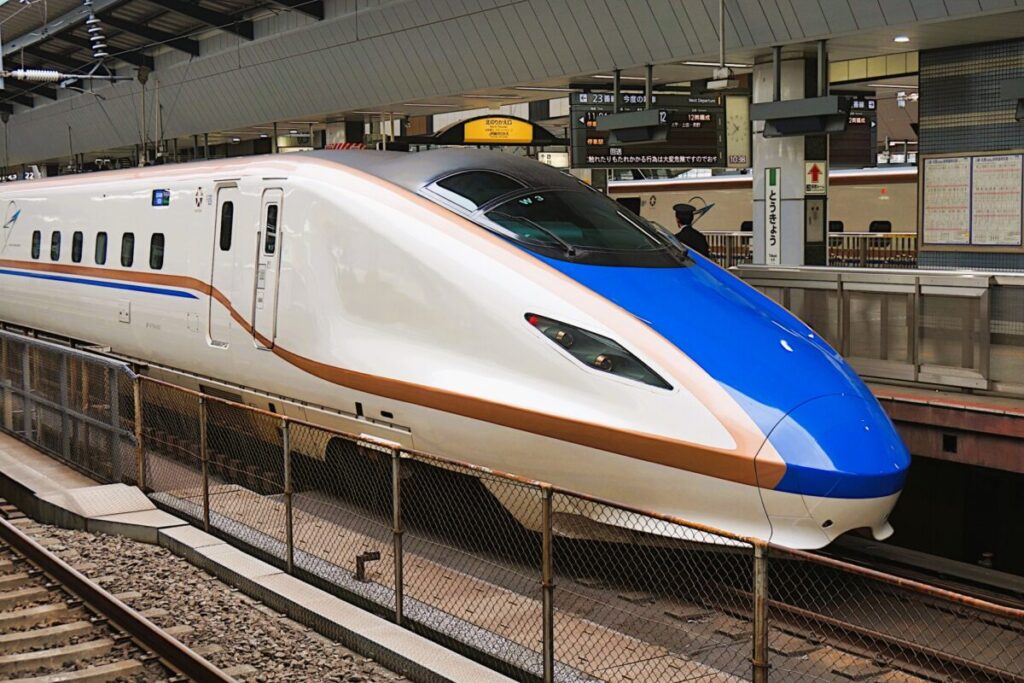 E7 Series Shinkansen high-speed bullet train operating on the Hokuriku Shinkansen line in Japan