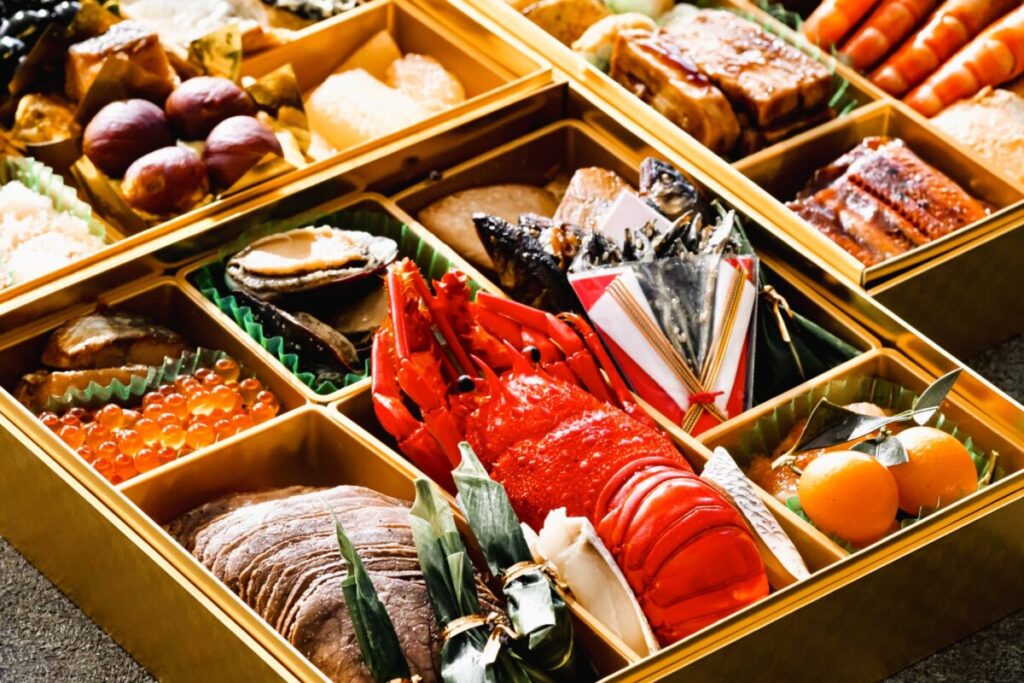 Luxurious Japanese osechi ryori New Year dishes beautifully arranged