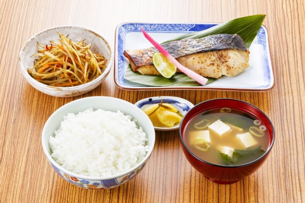Saikyo-yaki Spanish mackerel set meal with rice and miso soup