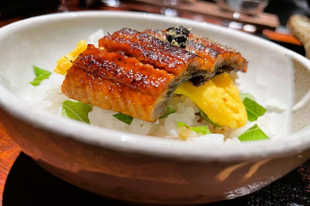 Japanese rice bowl topped with grilled eel kabayaki and shredded omelet