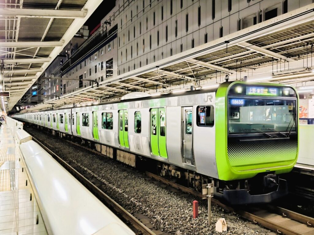 JR Yamanote Line train in Tokyo, iconic green commuter loop line