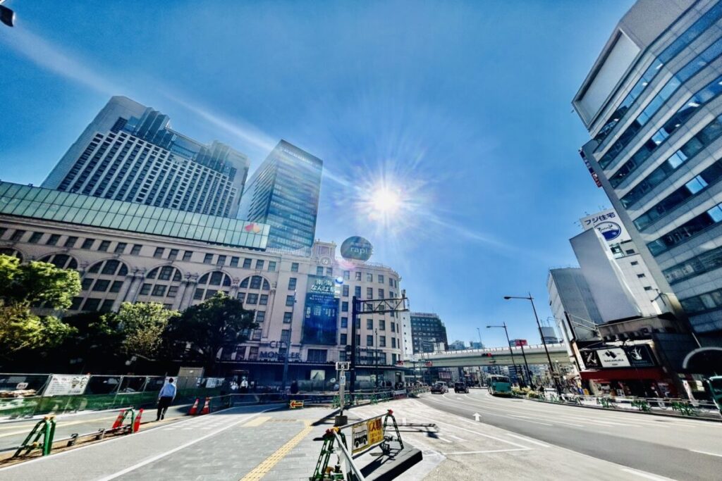 Nankai Namba Station in Osaka, busy urban train station and surrounding area