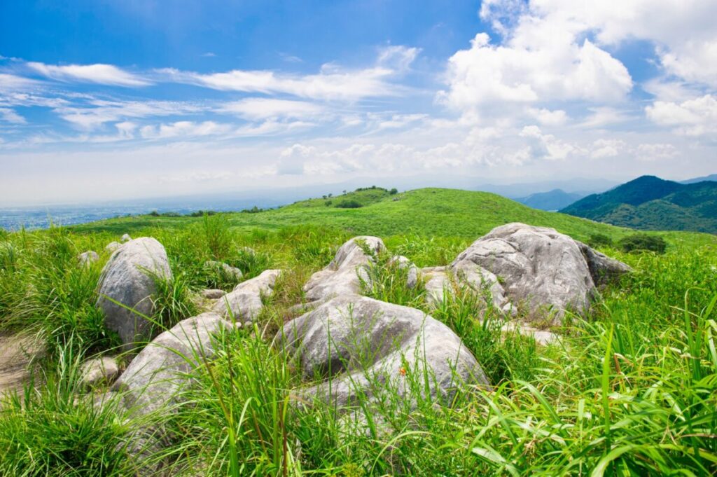 Hiraodai Karst Plateau landscape from Mikasadai viewpoint in Fukuoka, scenic nature view