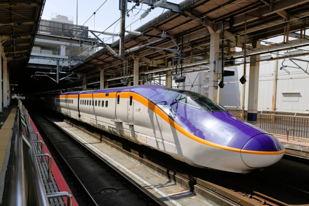 Shinkansen E8 Series bullet train on the Yamagata Shinkansen in Japan, modern high speed train