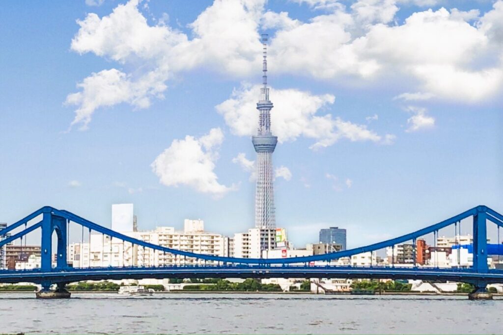 Kiyosu Bridge with Tokyo Skytree in the background, scenic Sumida River view