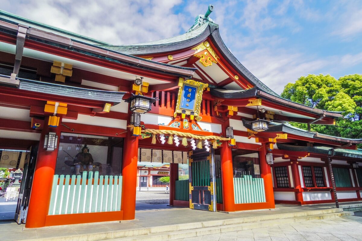 Hie Shrine in Tokyo Japan, traditional Shinto shrine with red torii gates