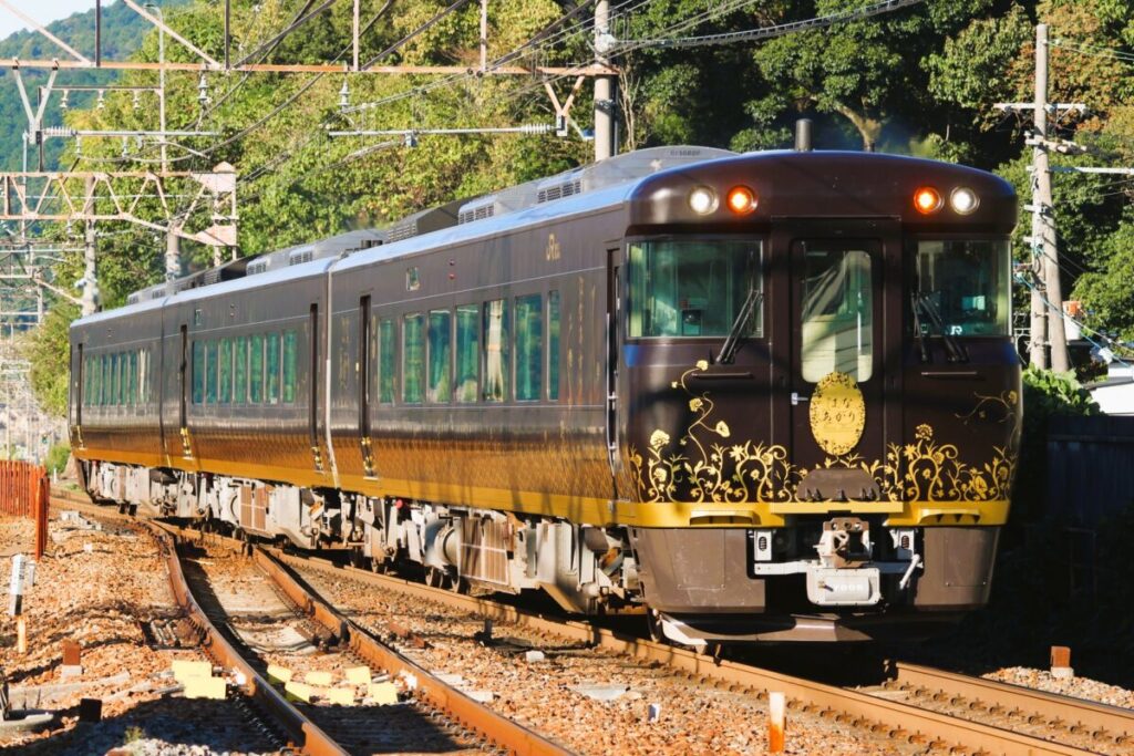 JR West Hanaakari sightseeing train in Japan, luxury tourist train with scenic views