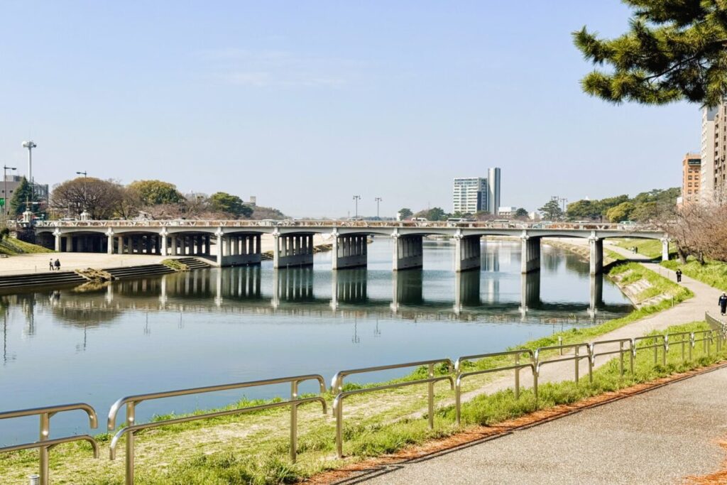 Spring scenery around the Oto River in Japan, cherry blossoms and riverside landscape