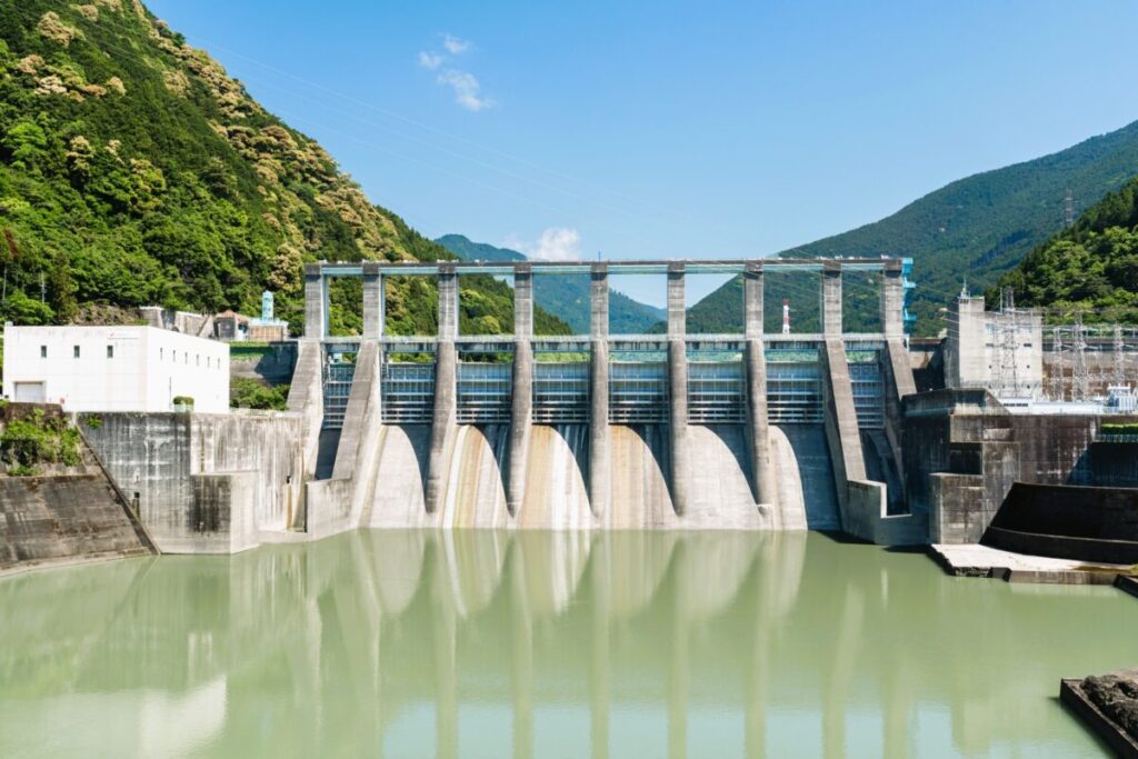 Akiba Dam in Shizuoka Japan, mountain reservoir and scenic nature landscape