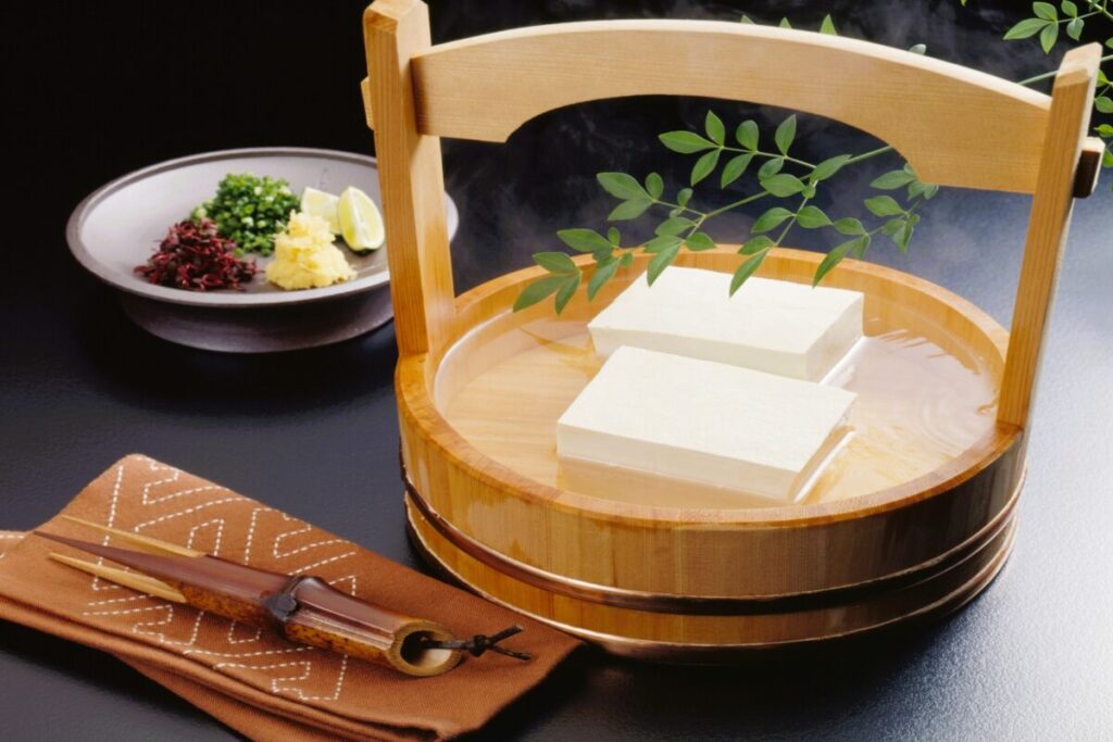 Yudofu tofu served in a wooden tub, traditional Kyoto style Japanese dish