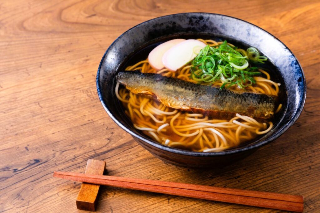 Nishin soba with simmered herring, traditional Kyoto style buckwheat noodle dish