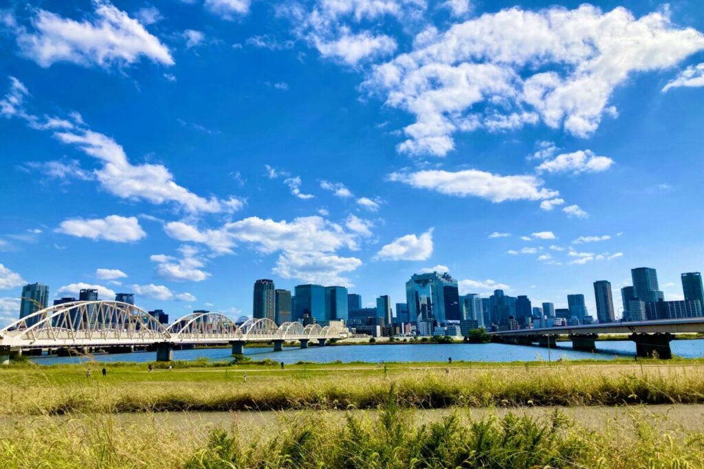 Yodogawa River in summer, scenic riverside landscape in Osaka Japan
