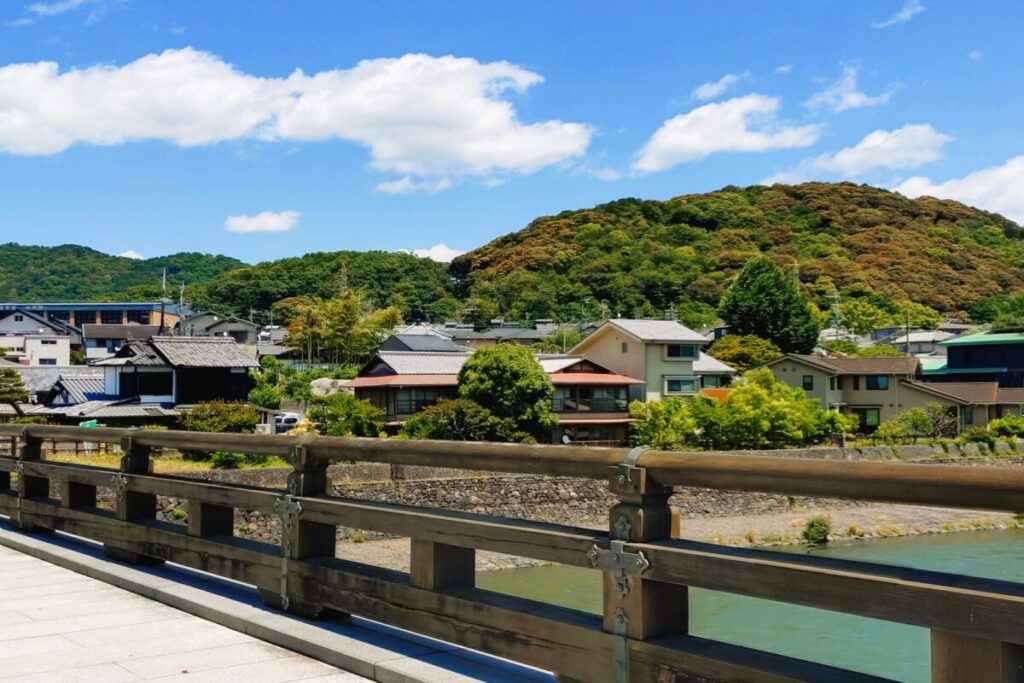 Uji River under a clear blue sky in Uji Kyoto, scenic riverside landscape in Japan